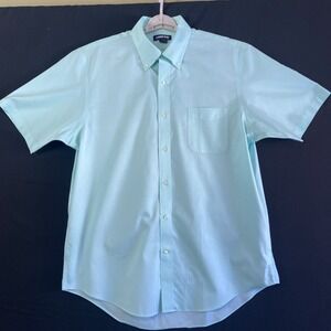 Lands End Supima Pinpoint Mens 16.5 Button Down Aqua Blue Traditional Fit SS